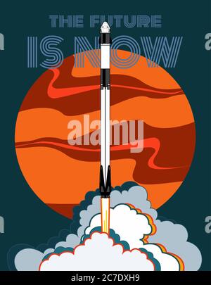Razzo, vettore spaziale. 2019 marzo, lancio di 2 razzi. Poster vettoriale astronave Marte fiamma vapore sfondo blu Illustrazione Vettoriale