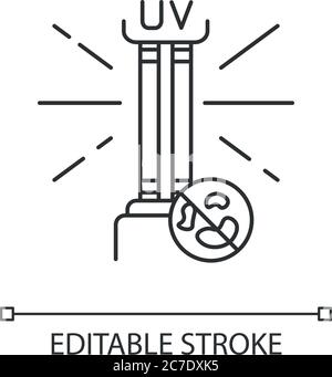 Icona lineare perfetta pixel disinfezione luce UV. Illustrazione personalizzabile della sottile linea di irradiazione germicida ultravioletta. Simbolo del contorno. Lampada UV vecto Illustrazione Vettoriale