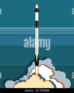 Razzo, vettore spaziale. 2019 marzo, lancio di 2 razzi. Poster vettoriale navicella spaziale, fiamma e vapore Illustrazione Vettoriale