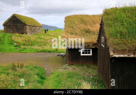 Case coloniche tradizionali con tetto di erba con un muro di pietra casa di stoccaggio in background. Hoyvíksgarður Farm.togetimen il Museo all'aperto del Museo Nazionale dell'Isola Faroe.Torshavn.Streymoy.Faroe Islands.Territory della Danimarca Foto Stock