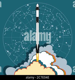 Razzo, vettore spaziale. 2019 marzo, lancio di 2 razzi. Poster vettoriale astronave stella mappa fiamma vapore sfondo blu Illustrazione Vettoriale