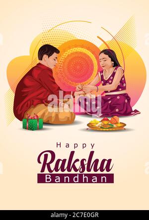 Fratello indiano e sorella indossando maschera chirurgica. Felice Raksha Bandhan festival. Rakhi celebrazione in india illustrazione vettoriale. Covid-19 corona virus Illustrazione Vettoriale