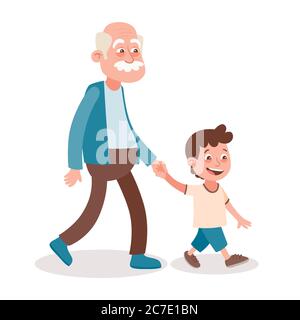 Nonno e nipote camminando, lo prende per mano. Stile cartone animato, isolato su sfondo bianco. Illustrazione vettoriale. Illustrazione Vettoriale