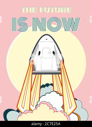 Razzo, vettore spaziale. 2019 marzo, lancio di 2 razzi. Poster vettoriale astronave, sole, fiamma, vapore Illustrazione Vettoriale