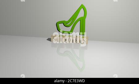 Rappresentazione 3D di SCARPE con icona sulla parete e testo disposto da lettere cubiche metalliche su un pavimento a specchio per il significato concettuale e presentazione slideshow. Sfondo e illustrazione Foto Stock