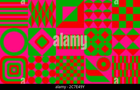 Contrasto di colore estremamente forte. Sfondo con motivi geometrici verdi, rossi, rosa con quadrati e cerchi - immagine grafica dello sfondo. Foto Stock