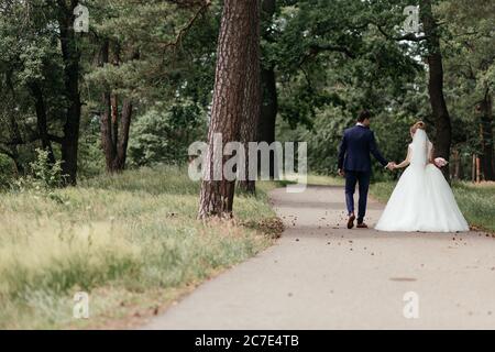 Sposa e sposo che si trovano nel parco tenendo le mani l'un l'altro fotografate dalla parte posteriore. Sposa e sposo Foto Stock