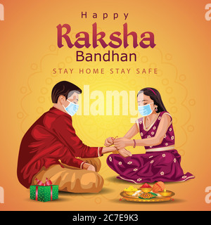 Fratello indiano e sorella indossando maschera chirurgica. Felice Raksha Bandhan festival. Rakhi celebrazione in india illustrazione vettoriale. Covid-19 corona virus Illustrazione Vettoriale