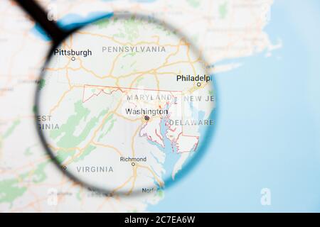 Los Angeles, California, USA - 15 Marzo 2019: Maryland, MD Stato dell'America visualizzazione concetto illustrativo sullo schermo di visualizzazione attraverso l'ingrandimento Foto Stock