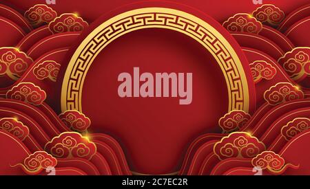 Cinese nuovo anno 2021 anno del bue, carta rossa taglio bue carattere, fiore ed elementi asiatici con stile artigianale su sfondo. Illustrazione Vettoriale