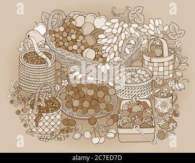 Un sacco di frutta e bacche in cestini Illustrazione Vettoriale