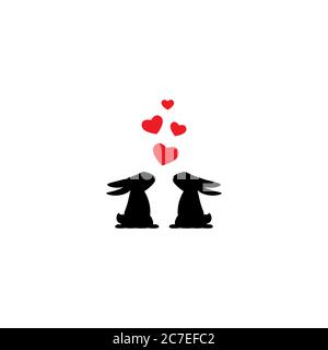 due coniglietti carini neri con cuori. Amore, romantico, icona amour. Conigli coppia. Vettore illustrazione isolato su bianco. San Valentino Illustrazione Vettoriale