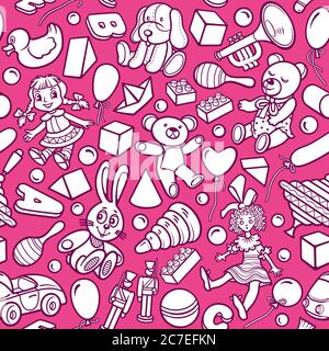 Cartoon carino doodles giocattoli per bambini modello senza giunture. Illustrazione Vettoriale