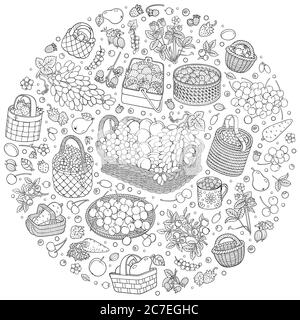 Un sacco di frutta, verdura e bacche in cestini Illustrazione Vettoriale