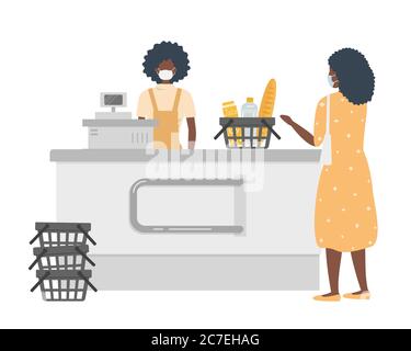 Cassa supermercato durante l'epidemia di coronovirus. Giovane donna nera in una maschera medica si trova dietro un registratore di cassa. Il cliente indossa anche una maschera Illustrazione Vettoriale