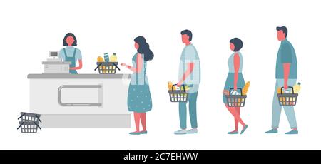 Acquirenti nel supermercato. Dietro il registratore di cassa c'è una cassa per supermercati. I clienti tengono i cestini del cibo nelle loro mani. Vettore Illustrazione Vettoriale