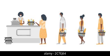 Supermercato durante l'epidemia di coronavirus. Cassiere supermercato in maschera medica. Gli acquirenti che indossano maschere antivirus mantengono la loro distanza in linea Illustrazione Vettoriale