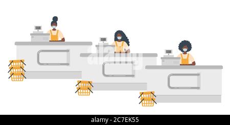 Cassieri supermercato durante l'epidemia di coronovirus. Le giovani donne nere in una maschera medica sono seduti dietro un registratore di cassa Illustrazione Vettoriale