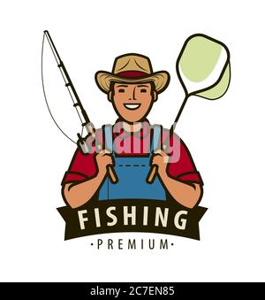 Pescatore con il logo della canna da pesca. Concetto di pesca, pesce Illustrazione Vettoriale