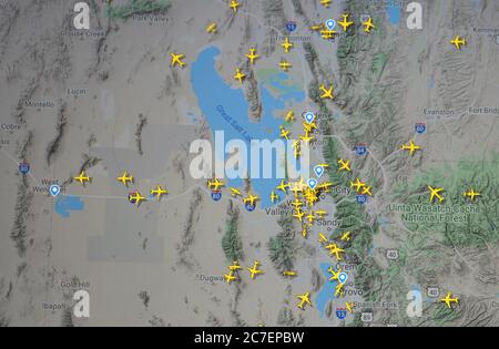 Traffico aereo sulla regione di Salt Lake City, USA, (16 luglio 2020, UTC 21.46) su Internet con il sito Flightradar 24, durante il Coronavirus Pandemic Foto Stock