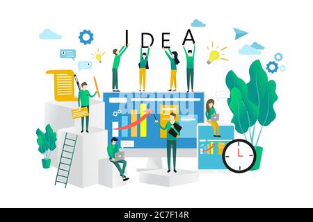 Illustrazione delle idee aziendali sulla ricerca di idee e sulla collaborazione all'interno dell'organizzazione. Illustrazione Vettoriale