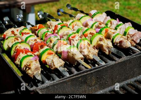 Spiedini al barbecue con kebab di maiale e verdure sulla griglia fiammeggiante. Foto Stock