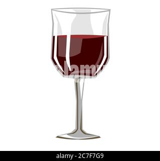 Bicchiere di vino Vector. Vino rosso in un bicchiere trasparente. Oggetto isolato su sfondo bianco. Cartoni animati stile piatto. Illustrazione Vettoriale