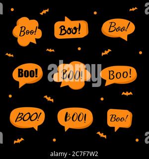 Bolla del parlato arancione con boo isolato su nero. Set di adesivi halloween carino. Illustrazione vettoriale in stile piatto. Illustrazione Vettoriale