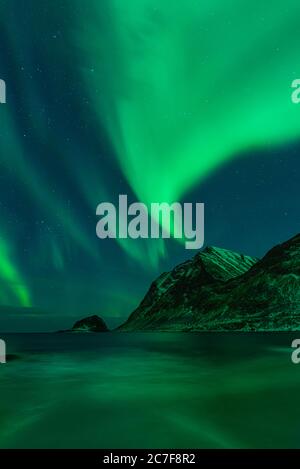 Aurora boreale, Haukland Beach, Lofoten, Norvegia Foto Stock