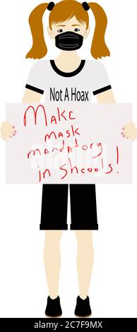Ragazza che tiene segno che petizioni per maschera in scuole Foto Stock