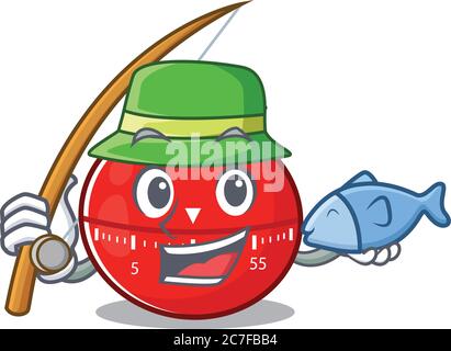 Stile di disegno del cartone animato del timer della cucina del pomodoro pronto va alla pesca Illustrazione Vettoriale