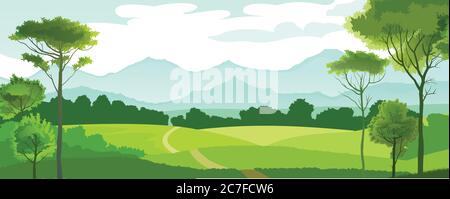 Colline orizzonte di montagna. Illustrazione vettoriale. La strada, il villaggio. Campagna rurale. Cielo blu con nuvole bianche. Vista della pianura. Illustrazione Vettoriale