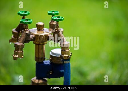 rubinetti nel campo aperto, uno con il tubo blu collegato Foto Stock