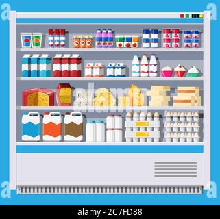 Frigorifero per il raffreddamento dei prodotti caseari. Bottiglie e scatole di diversi colori in frigorifero. Frigorifero dispenser macchina di raffreddamento. Latte, yogurt, panna acida, formaggio, uova. Illustrazione vettoriale piatta Illustrazione Vettoriale