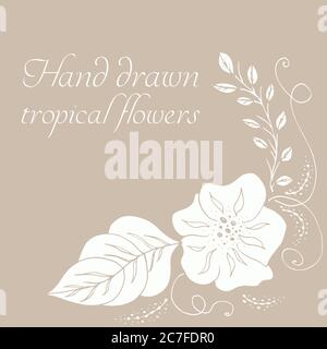 Composizione vettoriale di fiori tropicali disegnati a mano, foglie di palma, piante della giungla, bouquet paradiso. Illustrazione floreale nello stile di schizzo. Backgroun estivo Illustrazione Vettoriale