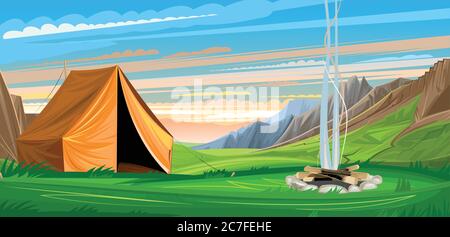 Tenda di fuoco nelle montagne. Tramonto, alba. Nuvole, rocce e colline. Turismo. Viaggio all'orizzonte lontano. Natura paesaggio illustrazione vettore. Cartoon f Illustrazione Vettoriale