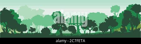 Foresta. Alberi e arbusti. Adulti e giovani. Verde paesaggio estivo. Prato nella foresta. Mattina di primavera, giorno. Il cielo è verde. Nebbia Matins. Crescita eccessiva Illustrazione Vettoriale