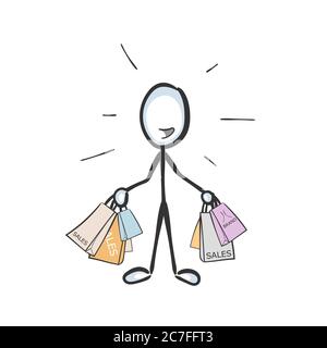 Acquisti di vendita. Vettore semplice shopaholic che tiene molte borse di marca. Acquistare nuovi vestiti passione. Stickman nessun fumetto clipart del viso. Disegnata a mano. Doodle Illustrazione Vettoriale