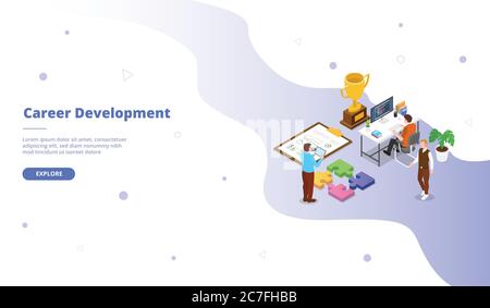 Carriera sviluppo persone attività nello spazio di lavoro campagna per il sito web home homepage landing template banner con stile cartoon isometrico Illustrazione Vettoriale
