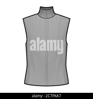 Maglia a costolette turleneck illustrazione tecnica di moda con corpo oversize, ponticello senza maniche. Modello di abbigliamento per camicia piatta, colore grigio. Donne, uomini unisex top CAD mockup Illustrazione Vettoriale