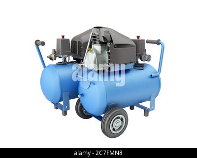 Moderno Blue Air Compressor 3d rendering su bianco senza ombra Foto Stock