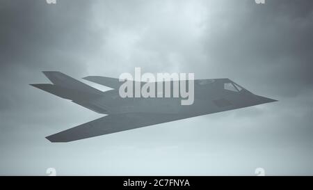 Stealth Fighter Jet Aircraft Flying Low Overcast Day 3d illustrazione rendering Foto Stock