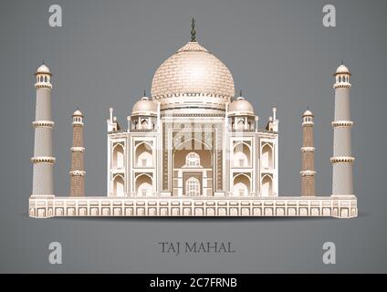 Taj Mahal su sfondo grigio. Architettura culturale indiana. Appartamento nuovo stile storico vista showplace attrazione sito web illustrazione vettoriale. Mausoleu Illustrazione Vettoriale
