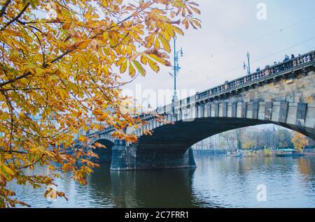 Rami di alberi secchi con qualche fogliame giallo-arancio che copre una vista sul fiume Moldava con un ponte di pietra sullo sfondo a Praga, in Czechia Foto Stock