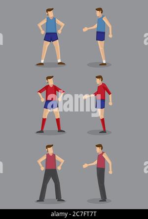 Vista frontale e laterale dell'uomo in abbigliamento sportivo e sportivo per diverse attività sportive. Caratteri vettoriali di cartoni animati isolati su sfondo grigio. Illustrazione Vettoriale