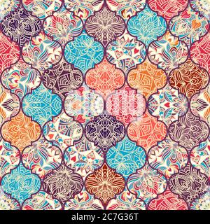 Patchwork colorato senza cuciture in stile turco. Il motivo senza fine può essere utilizzato per piastrelle in ceramica, carta da parati, linoleum, tessuto, sfondo di pagine web. Vettore Illustrazione Vettoriale