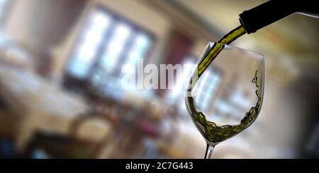 Versamento di vino. Bottiglia di vino che versa vino bianco in un verricello di cristallo, sfumatura sfondo del ristorante sfocatura, vista closeup. illustrazione 3d Foto Stock