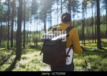 Passeggiate nella foresta estiva. Escursione turistica femminile da sola. Foto Stock