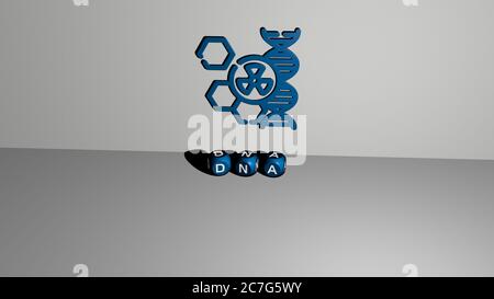 Immagine grafica 3D del dna in verticale insieme al testo realizzato da lettere cubiche metalliche dalla prospettiva superiore, eccellente per la presentazione concettuale e le presentazioni. Illustrazione e sfondo Foto Stock