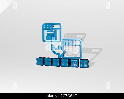 Immagine grafica 3D del REPORT in verticale insieme al testo realizzato da lettere cubiche metalliche dalla prospettiva superiore, eccellente per la presentazione concettuale e le presentazioni. Business e illustrazione Foto Stock